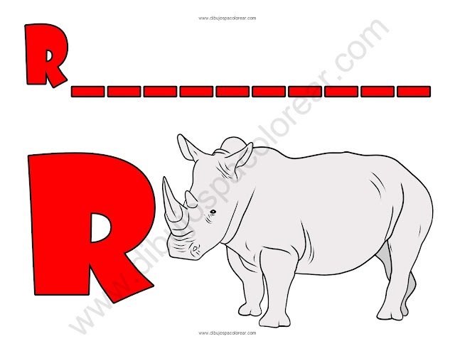 Rinoceronte letra R abecedario dibujo a color y para colorear